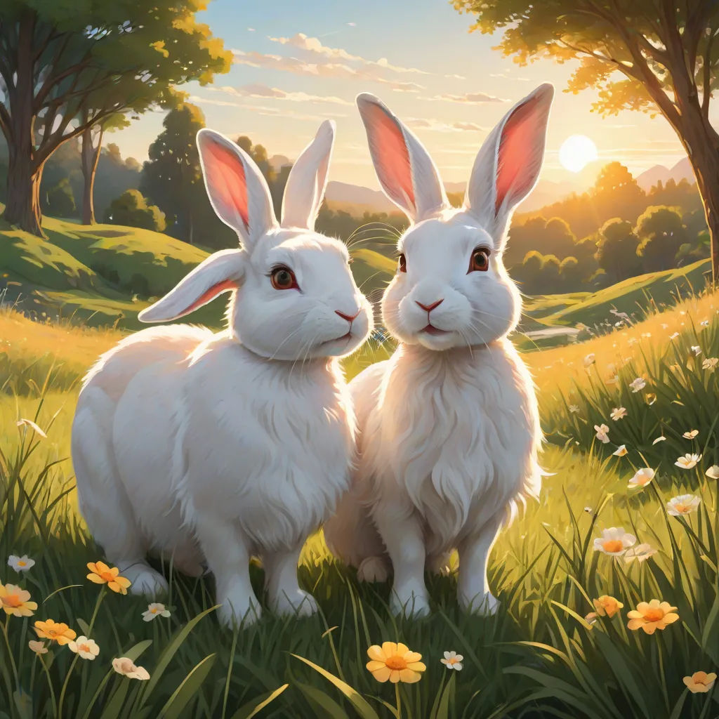 two white rabbits sitting in a field of grass and flowers with the sun shining behind them and trees and flowers, Brothers Hildebrandt, altermodern, a detailed painting, rossdraws global illumination
