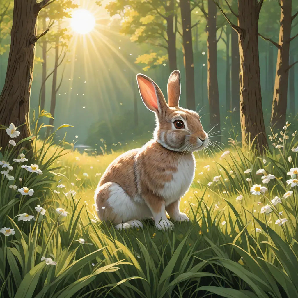 a painting of a rabbit sitting in the grass in front of trees and flowers with the sun shining through the trees, Chris LaBrooy, magic realism, a storybook illustration, rossdraws global illumination