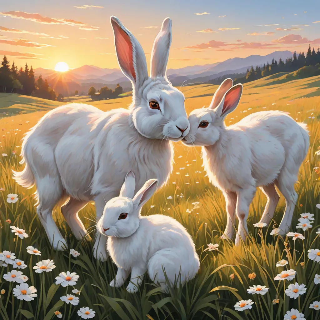 a painting of two white rabbits in a field of flowers with the sun setting behind them and a mountain in the distance, Brothers Hildebrandt, furry art, an airbrush painting, official art