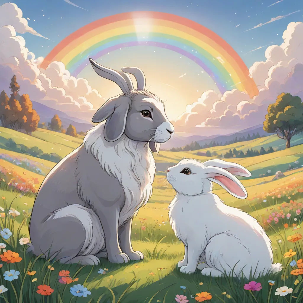 a rabbit and a bunny sitting in a field with a rainbow in the background and a rainbow in the sky, Chris LaBrooy, furry art, a storybook illustration, official art
