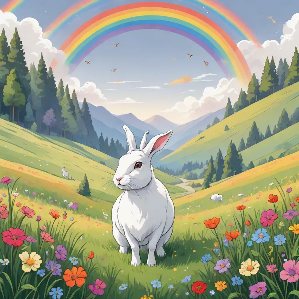 a painting of a white rabbit in a field with a rainbow in the background and flowers in the foreground, Chris LaBrooy, naive art, a storybook illustration, rossdraws global illumination