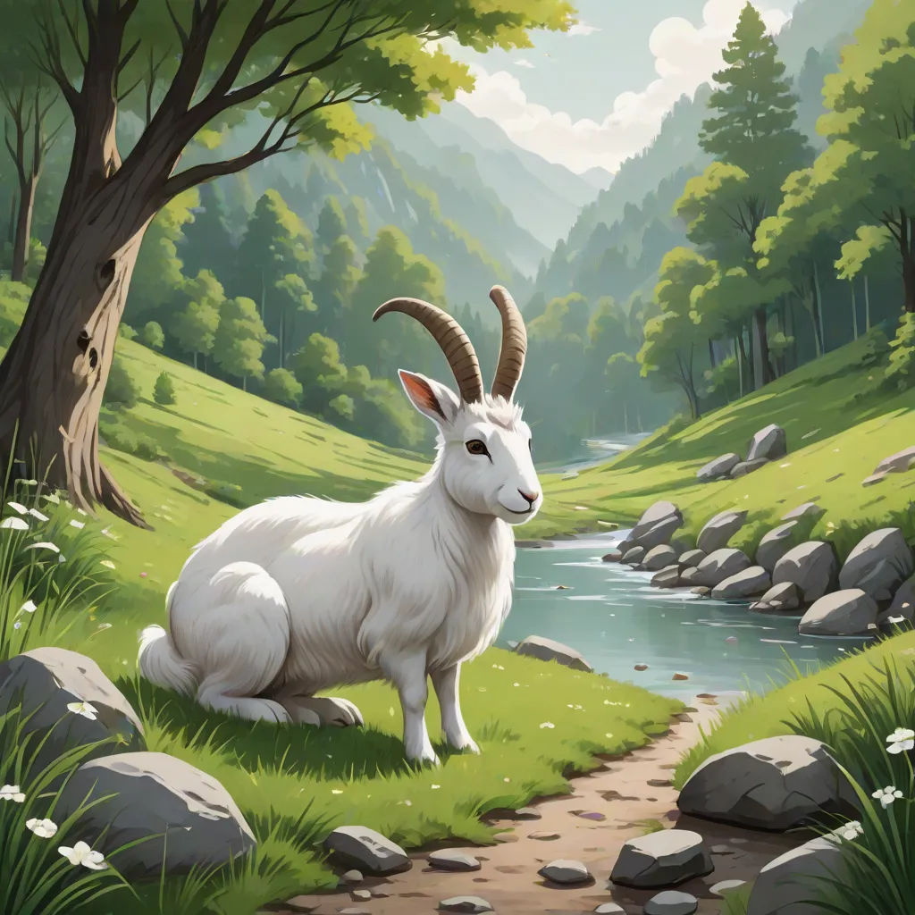 a goat sitting on a path near a river and a forest with rocks and grass, with a stream running through it, Chris LaBrooy, fantasy art, a storybook illustration, official art