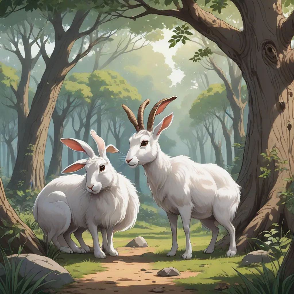 two goats standing in the middle of a forest with trees and rocks on the ground, with a path leading to them, Chris LaBrooy, fantasy art, a storybook illustration, leesha hannigan