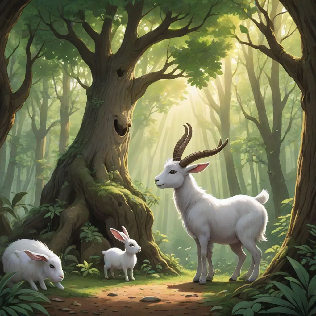 a painting of a goat and two rabbits in a forest with a tree and a sunbeam in the background, Chris LaBrooy, fantasy art, a storybook illustration, magic the gathering artwork