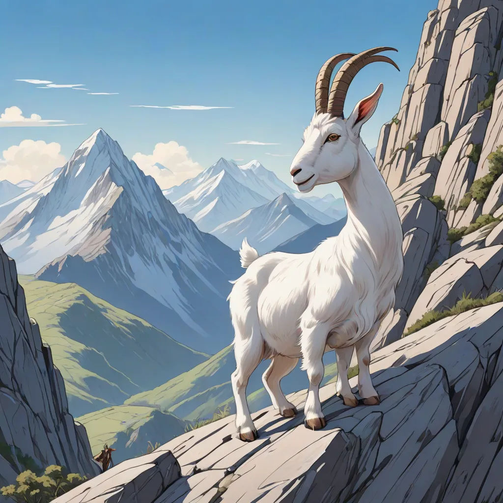 a goat standing on a rock cliff with mountains in the background and a person standing on the cliff looking at the goat, Christophe Vacher, fantasy art, an album cover, walton ford