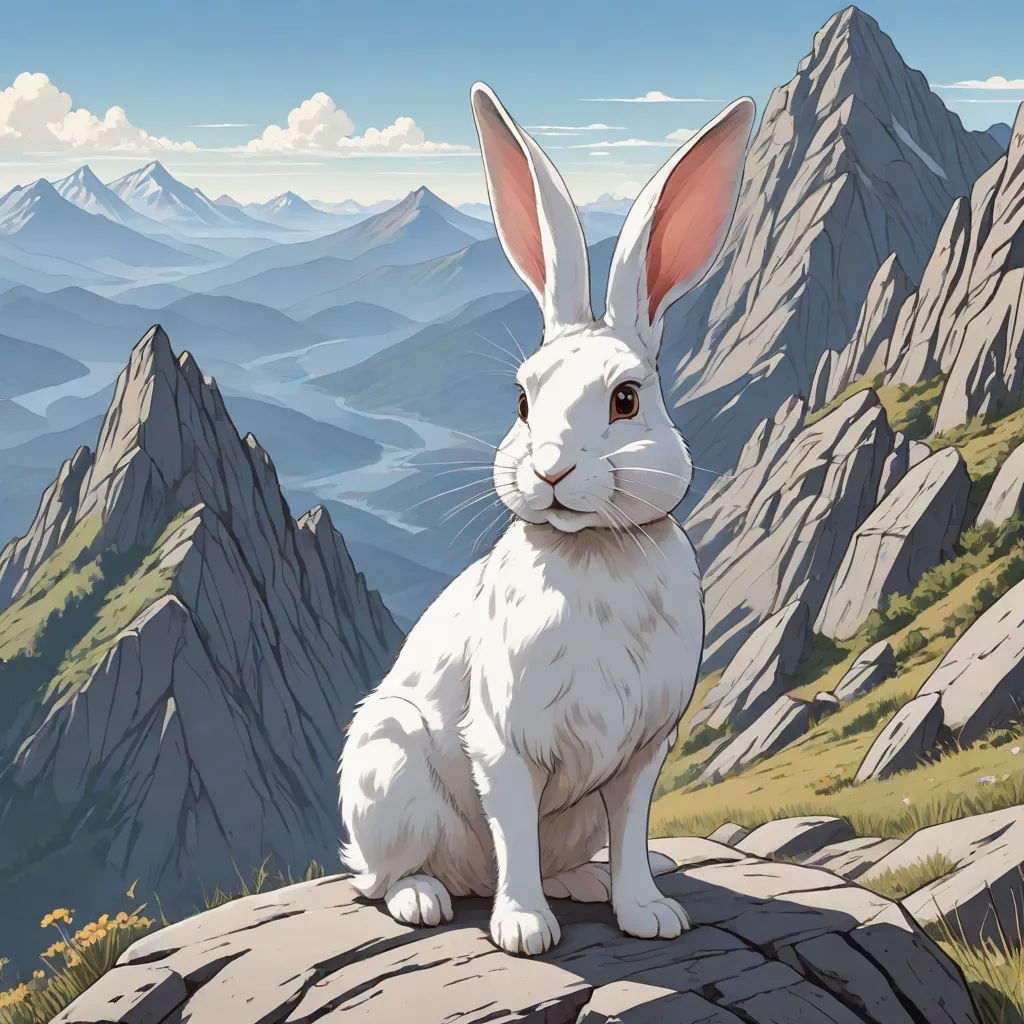 a white rabbit sitting on top of a rock next to a mountain range with mountains in the background and clouds in the sky, Chris LaBrooy, furry art, an album cover, walton ford