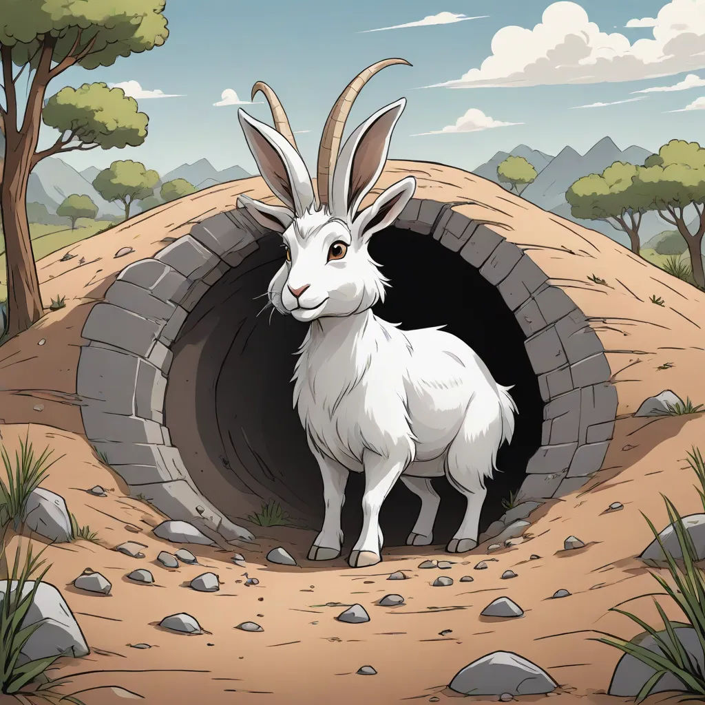 a white goat standing in a tunnel in the desert with rocks and trees around it, with a sky background, Chris LaBrooy, symbolism, a storybook illustration, furaffinity
