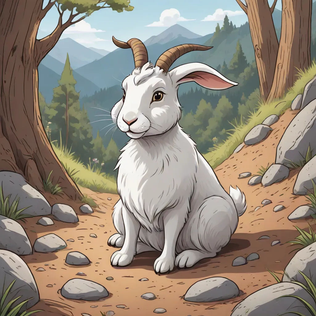 a white goat sitting on a dirt road in a forest with rocks and trees around it, with a mountain in the background, Chris LaBrooy, furry art, a character portrait, character portrait