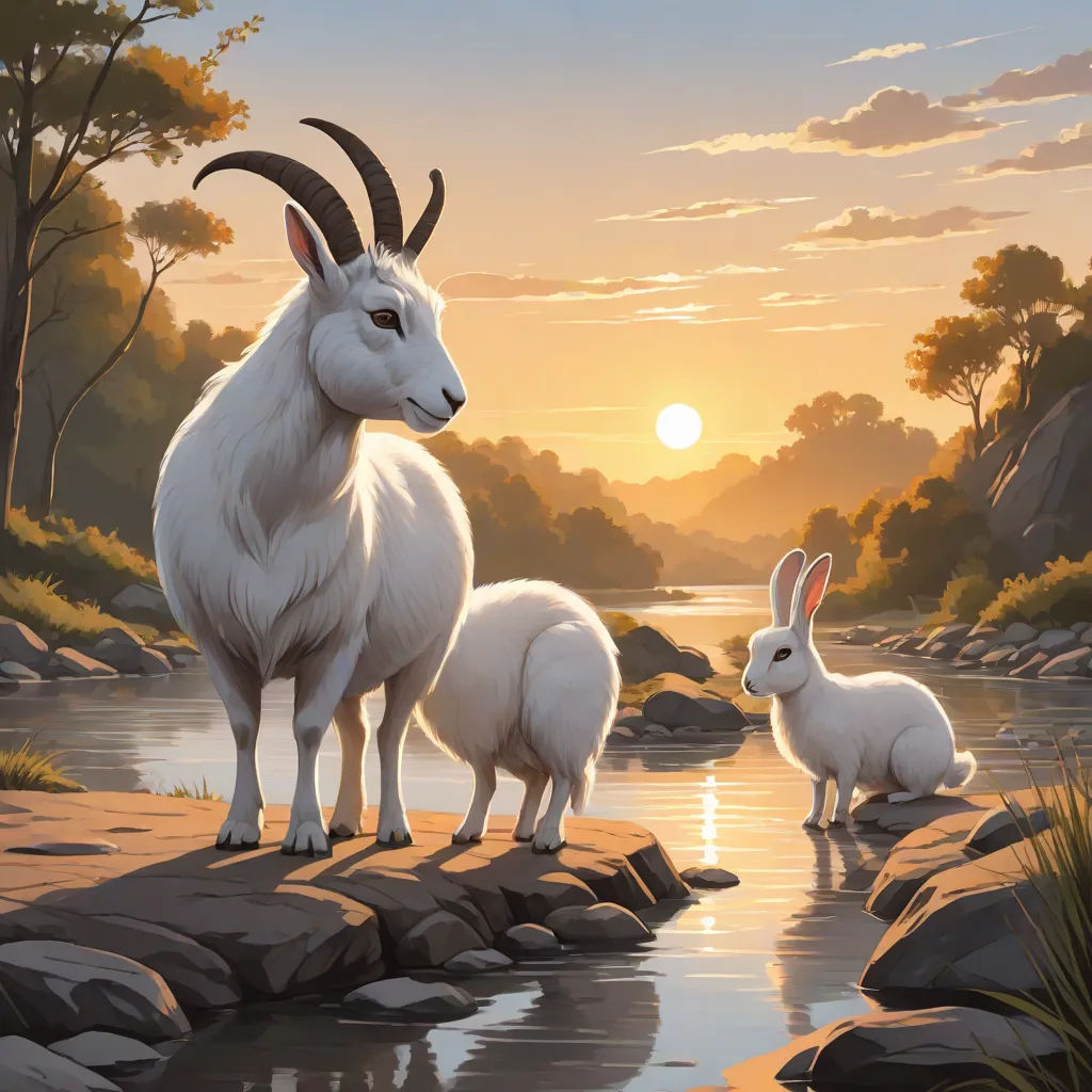 a painting of a goat and a baby goat by a river at sunset with the sun setting behind them, Chris LaBrooy, naturalism, an oil painting, official art