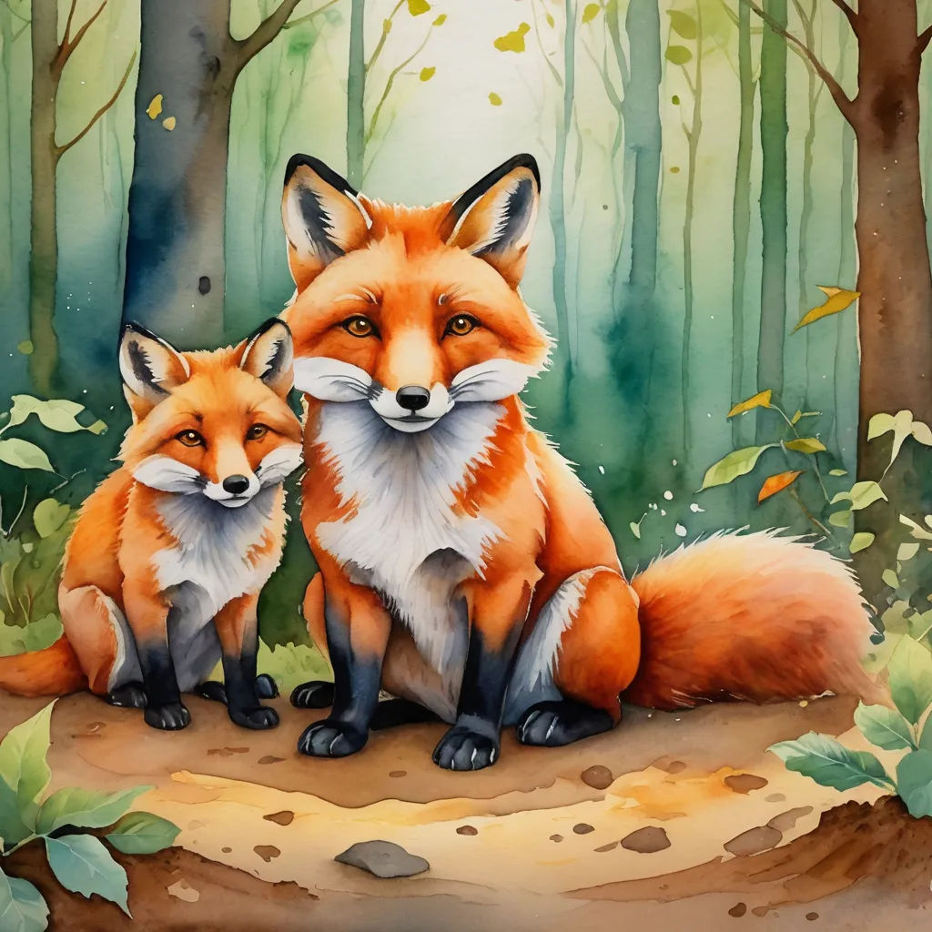 a painting of two foxes sitting in the woods together, one is looking at the camera and the other is looking at the camera, furry art, a watercolor painting, Anato Finnstark, trending on art station