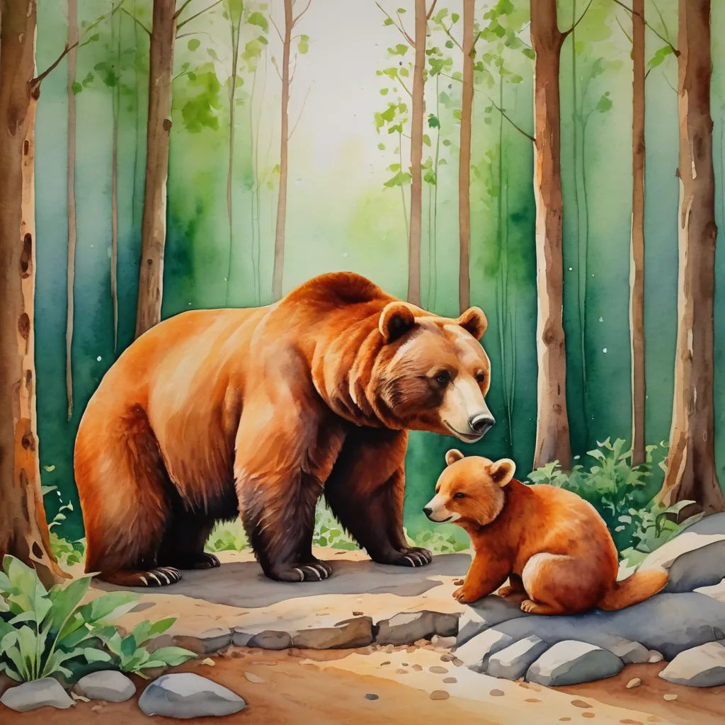 a painting of a bear and her cub in the woods by a stream of water and rocks, with a forest background, american scene painting, a storybook illustration, Brom, storybook illustration