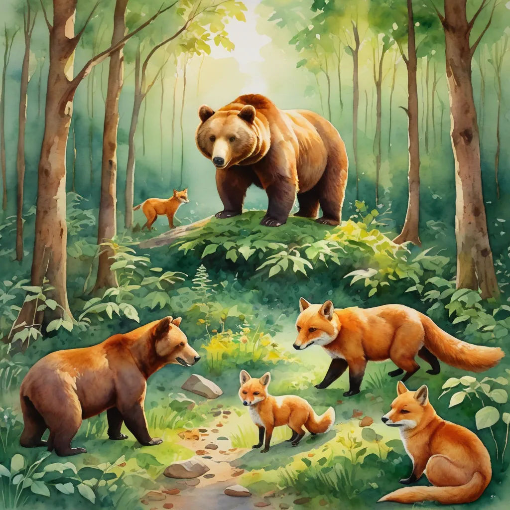 a painting of a bear and her cubs in the woods with a baby bear in the foreground and a larger bear in the background, furry art, a storybook illustration, Chris LaBrooy, official art