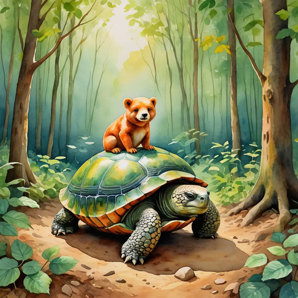 a painting of a bear sitting on top of a turtle in the woods with a forest background and trees, fantasy art, a storybook illustration, Chris LaBrooy, storybook illustration
