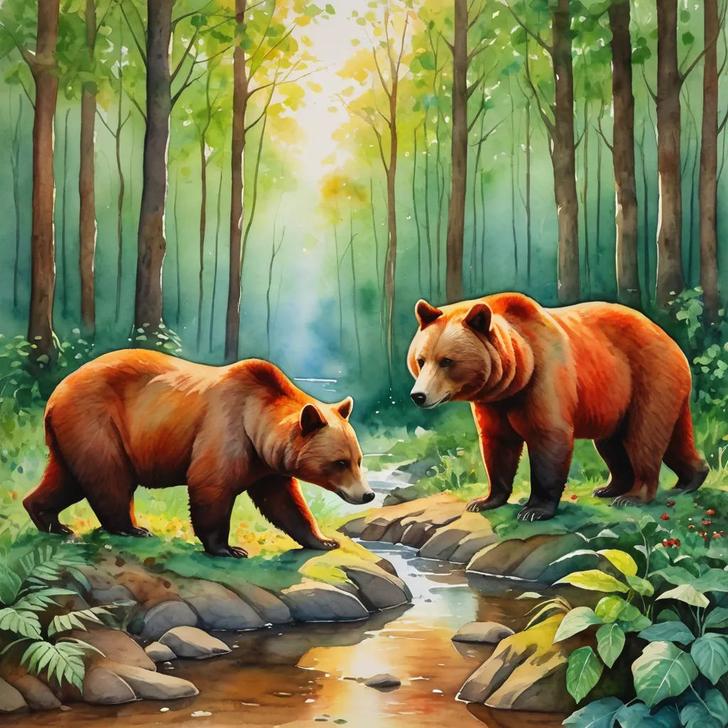 two bears are walking in the woods near a stream of water and rocks, with a stream running between them, environmental art, an airbrush painting, Brothers Hildebrandt, intricate oil painting