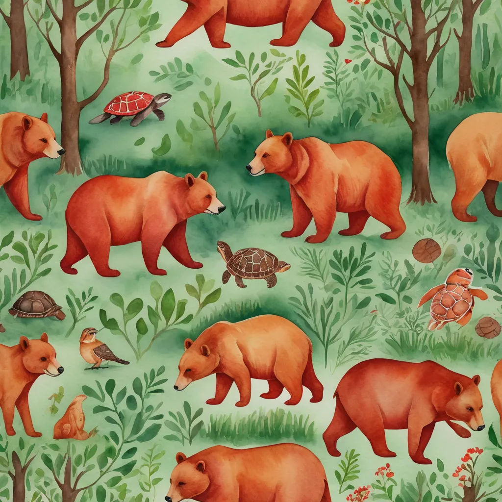a painting of bears and turtles in a forest with trees and grass and leaves on a green background with a turtle and a bear, folk art, a storybook illustration, Elsa Beskow, storybook illustration