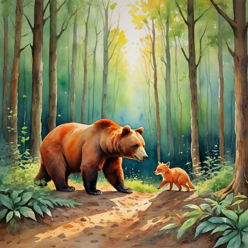 a painting of a bear and her cub in the woods by itself, with the sun shining through the trees, furry art, a storybook illustration, Brom, storybook illustration