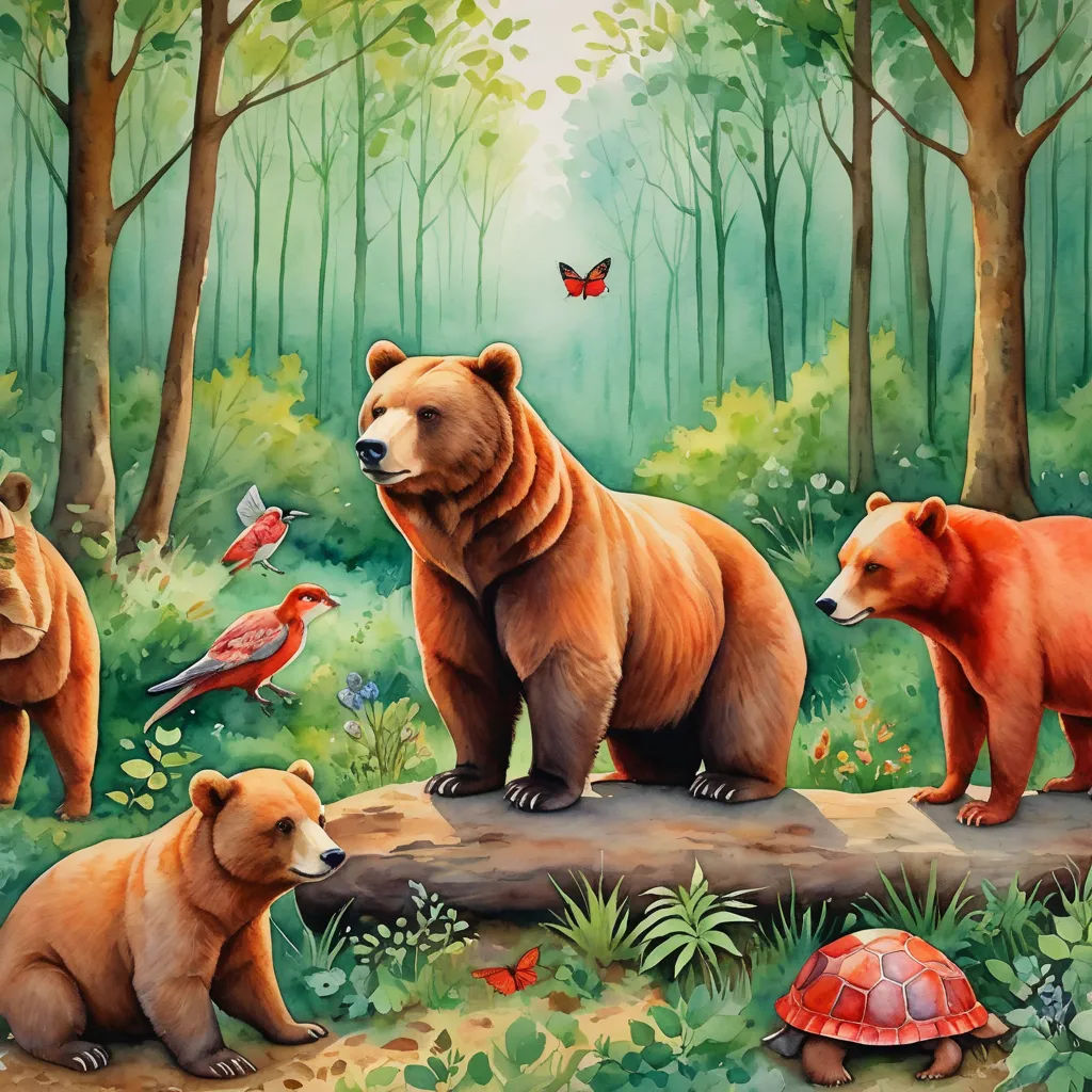 a painting of bears and a turtle in a forest with a butterfly on the tree branch and a bird on the ground, american scene painting, a storybook illustration, Chris LaBrooy, highly detailed digital painting