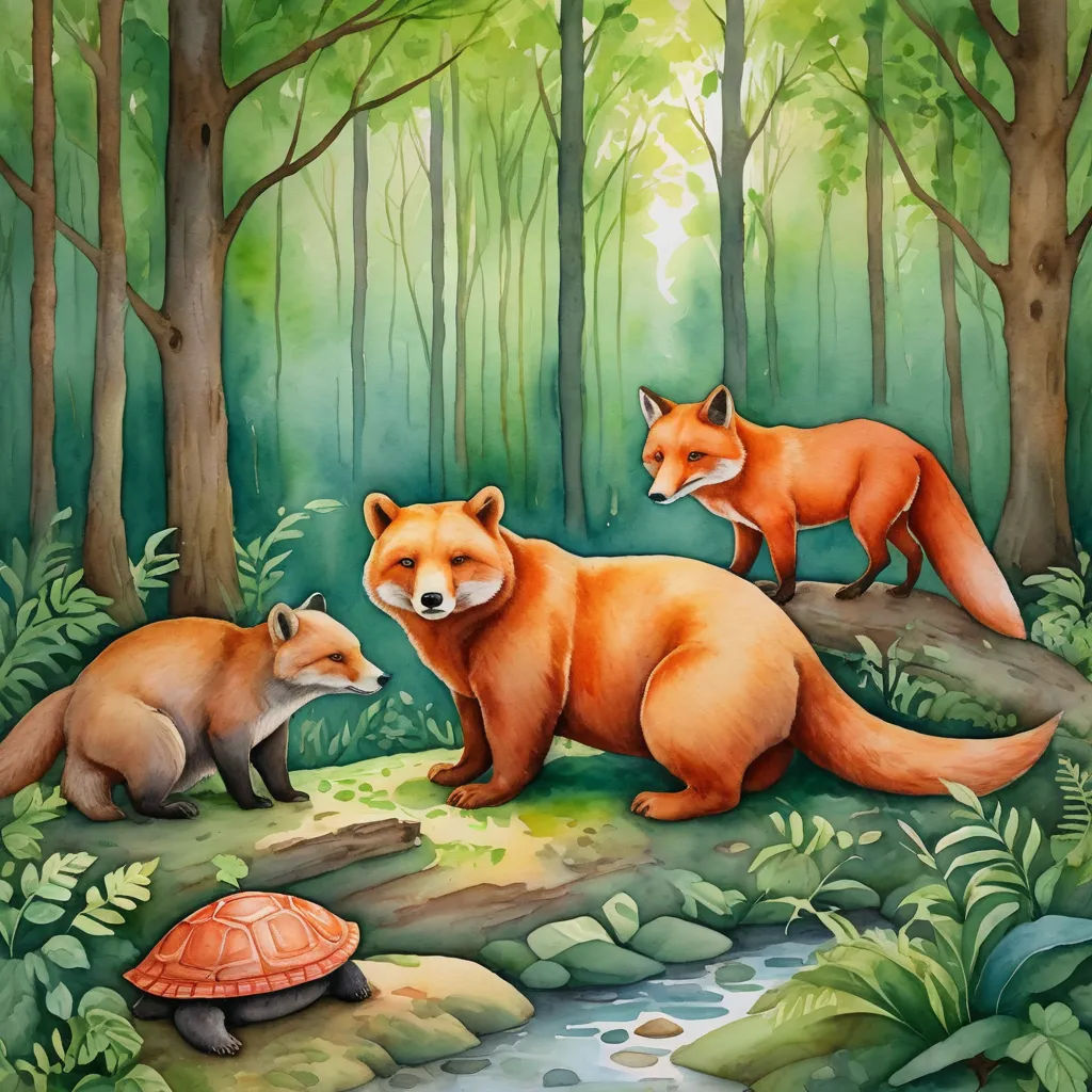a painting of two foxes and a turtle in a forest with a stream running through it and a forest scene with rocks and grass, fantasy art, a storybook illustration, Carol Sutton, storybook illustration