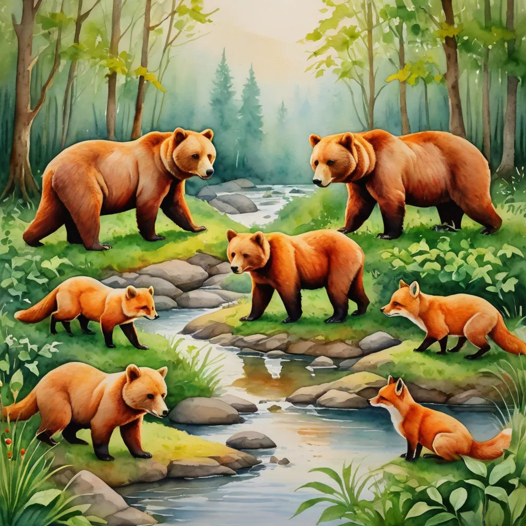 a painting of a bear family in the woods by a stream of water and rocks with a forest scene in the background, furry art, a detailed painting, Elsa Beskow, detailed painting