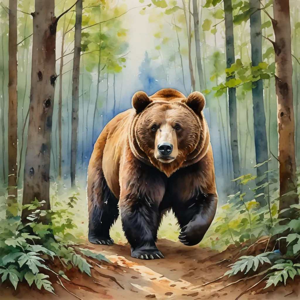a painting of a bear walking through a forest with trees and leaves on the ground and a path leading to the bear, furry art, an airbrush painting, Chris LaBrooy, highly detailed digital painting