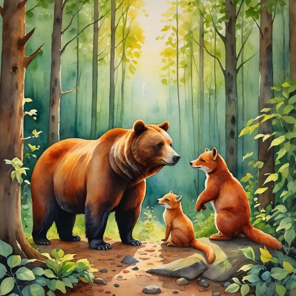 a painting of a bear and two cubs in a forest setting with sunlight coming through the trees and leaves, furry art, a storybook illustration, Chris LaBrooy, storybook illustration