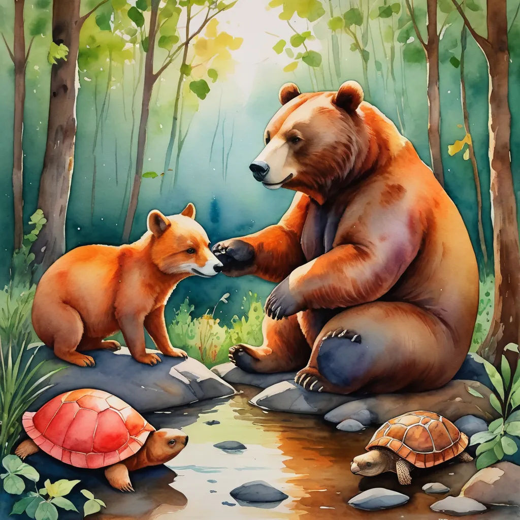 a painting of a bear and a baby bear on a rock in the woods with a turtle nearby and a turtle on the ground, furry art, a storybook illustration, Aaron Jasinski, storybook illustration