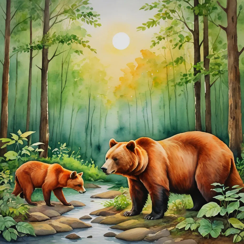 a painting of a bear and her cub in a forest setting with a stream running through it and a sun shining through the trees, environmental art, an airbrush painting, Chris LaBrooy, nature