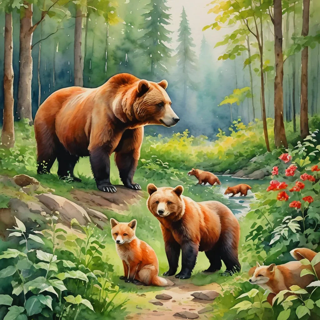 a painting of a bear and her cubs in a forest setting with flowers and trees around them, and a stream running through the woods, furry art, a detailed painting, Chris LaBrooy, official art