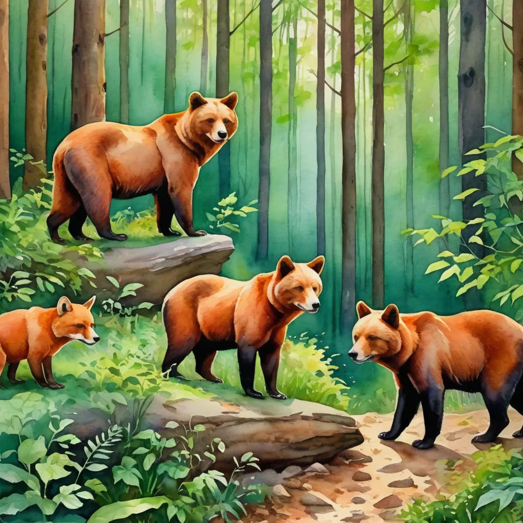 a painting of three bears in a forest with trees and rocks in the foreground, and a path leading to the right, furry art, a storybook illustration, Chris LaBrooy, in gouache detailed paintings