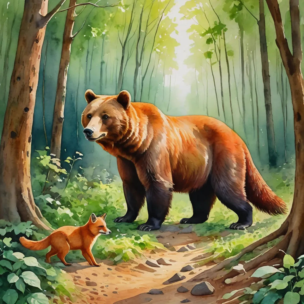 a painting of a bear and a fox in a forest with trees and rocks on the ground and a path leading to the bear, furry art, a storybook illustration, Brom, official art