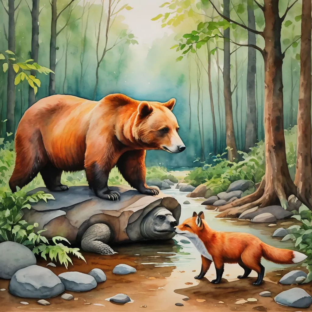 a painting of a bear and a fox in a forest with rocks and trees, and a stream running through the woods, american scene painting, a storybook illustration, Aaron Jasinski, storybook illustration