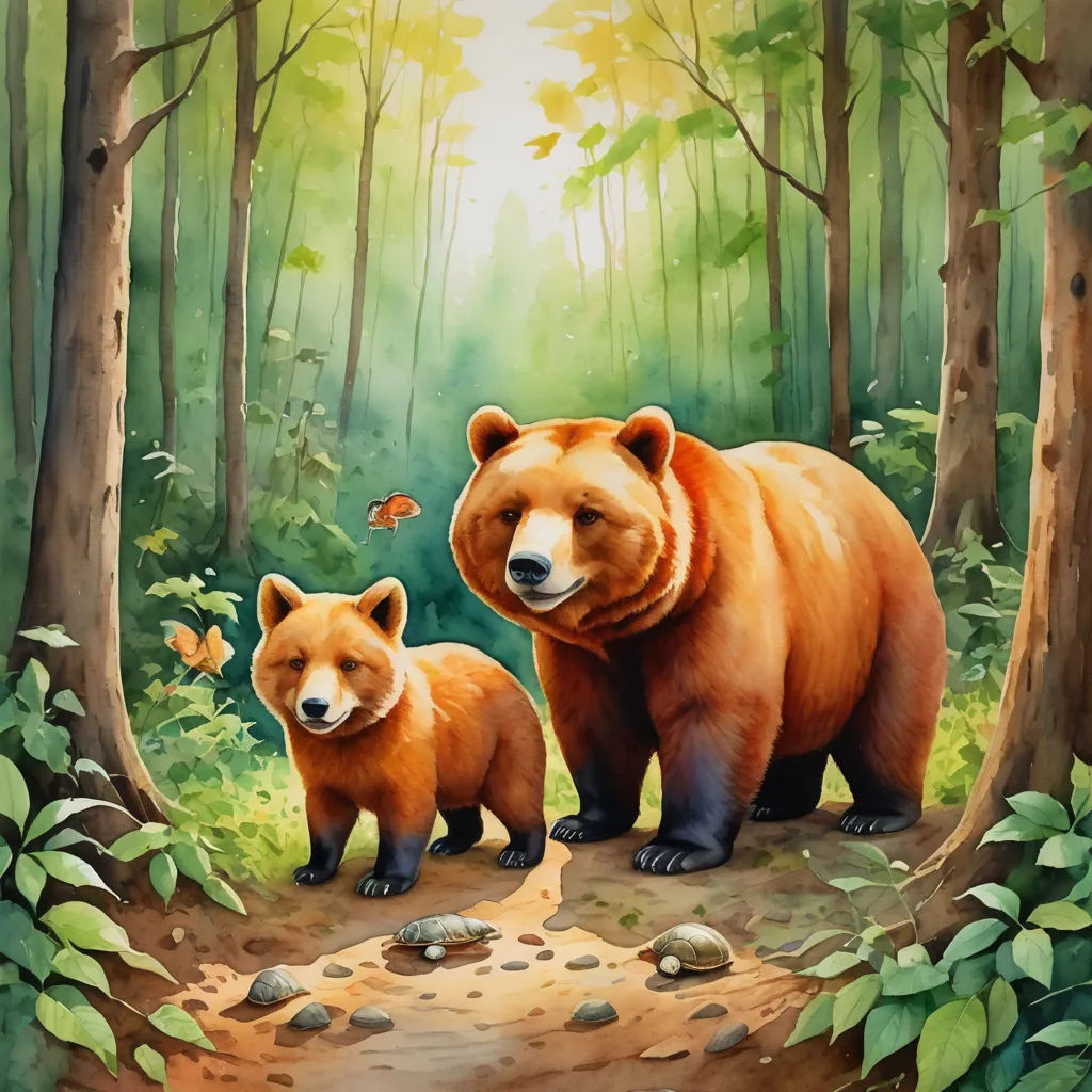 a painting of two bears in a forest with a butterfly flying above them and a butterfly flying above them, furry art, a storybook illustration, Chris LaBrooy, trending on art station