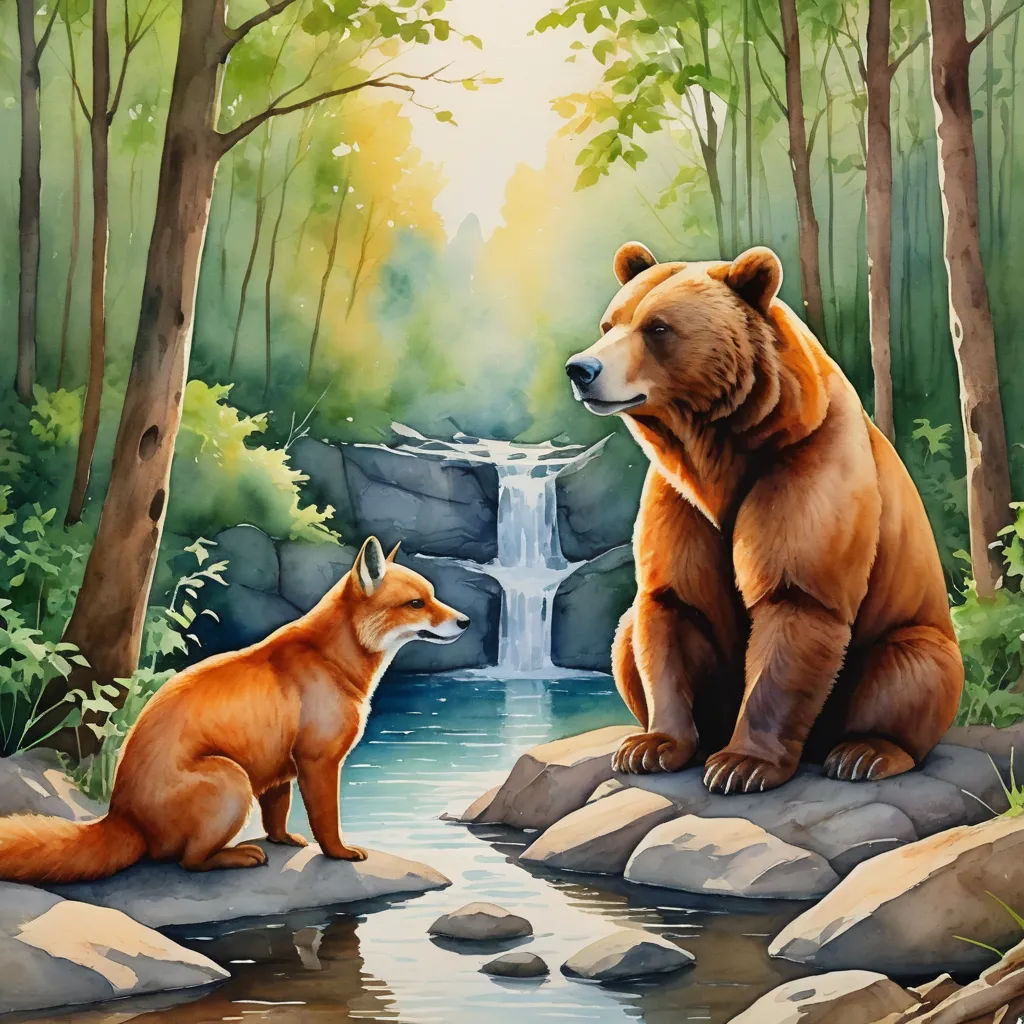 a painting of a bear and a fox sitting on rocks in a forest next to a waterfall and a waterfall, furry art, a storybook illustration, Chris LaBrooy, storybook illustration