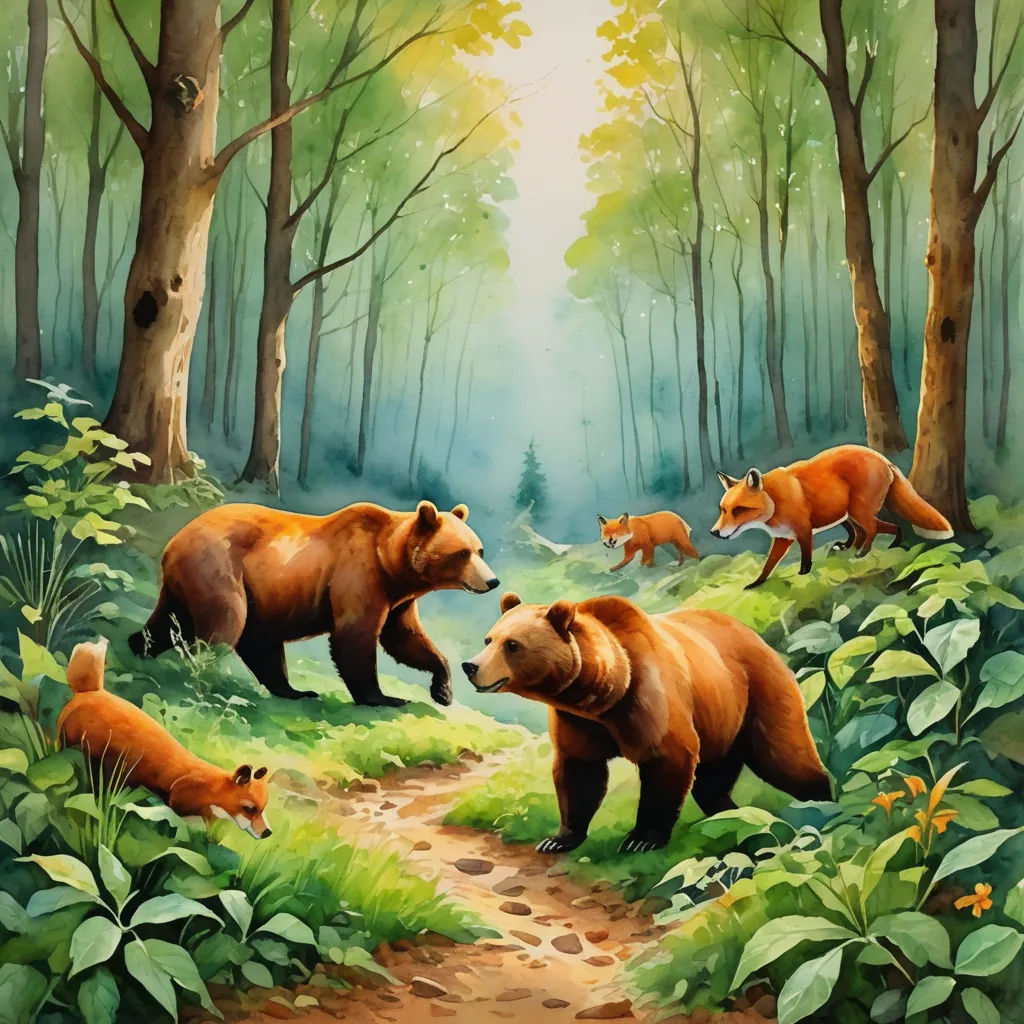 a painting of a bear family in the woods with their cubs walking towards the camera, with the sun shining through the trees, furry art, a storybook illustration, Chris LaBrooy, official art