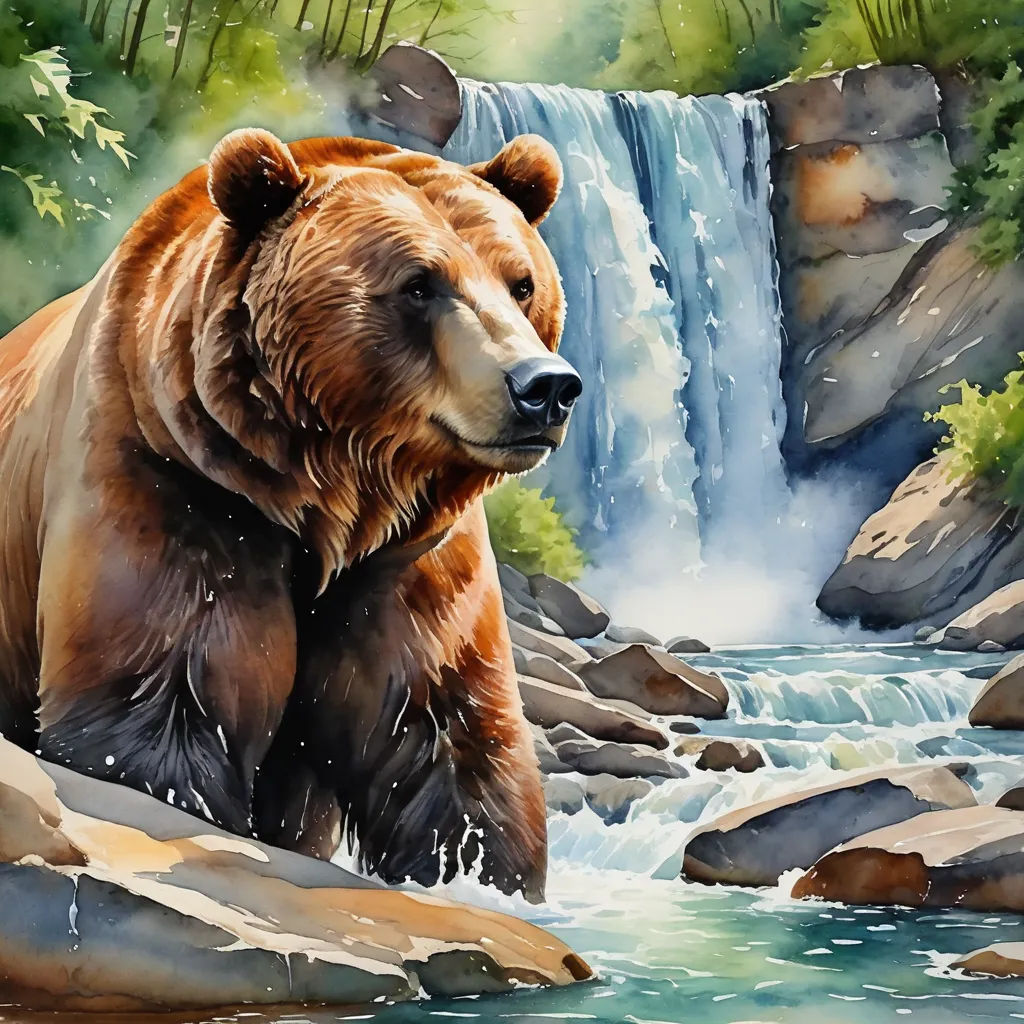 a painting of a bear standing in a river next to a waterfall with a waterfall behind it and a forest in the background, american scene painting, a watercolor painting, Brom, highly detailed oil painting
