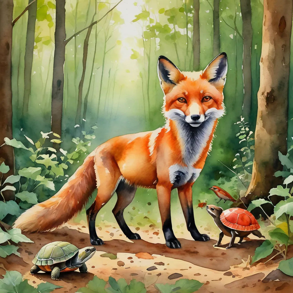 a painting of a fox and a turtle in the woods with leaves and trees around it, with a bright light coming from the top of the tree, furry art, a storybook illustration, Beatrix Potter, storybook illustration