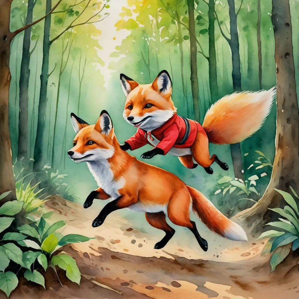 a painting of two foxes running through a forest with trees and leaves in the background, one of them is carrying a backpack, furry art, a storybook illustration, Aaron Jasinski, official art