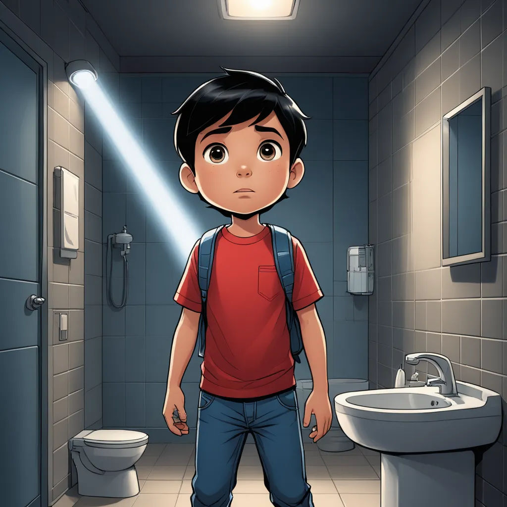 a boy standing in a bathroom with a backpack on his back and a sink in the background with a light on, serial art, a character portrait, Diego Gisbert Llorens, promotional image