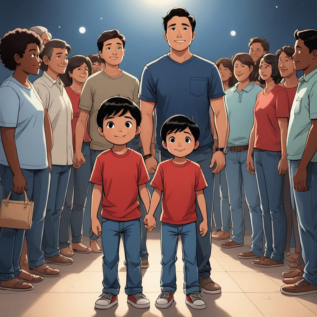 a man standing in front of a group of people with a child in front of him and a third man standing behind him, serial art, a storybook illustration, Adam Manyoki, comic cover art