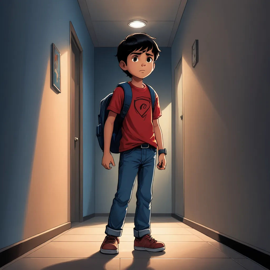 a boy with a backpack standing in a hallway with a light on the ceiling and a door open to the hallway, photorealism, a character portrait, Aaron Jasinski, rossdraws global illumination