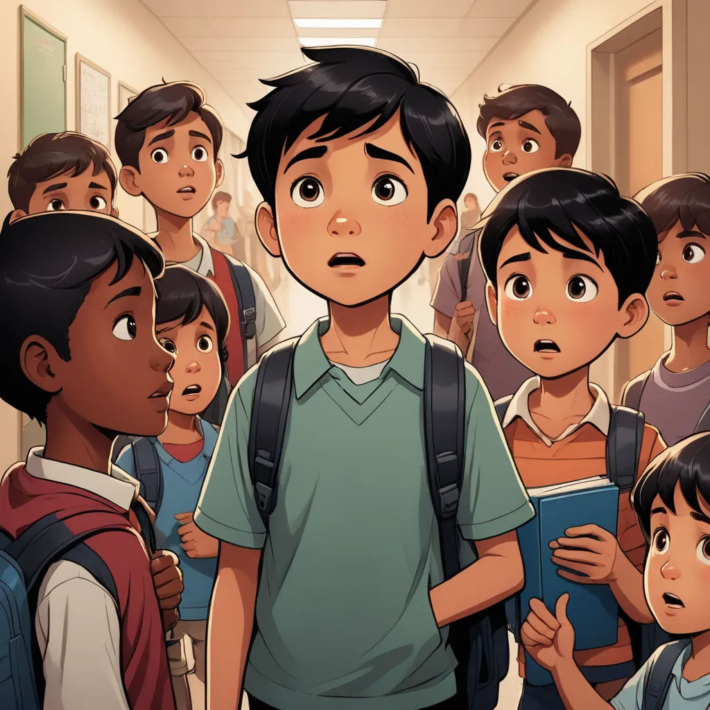 a boy standing in a hallway surrounded by school children with a book in his hand and a surprised look on his face, vancouver school, a comic book panel, Chris LaBrooy, graphic novel