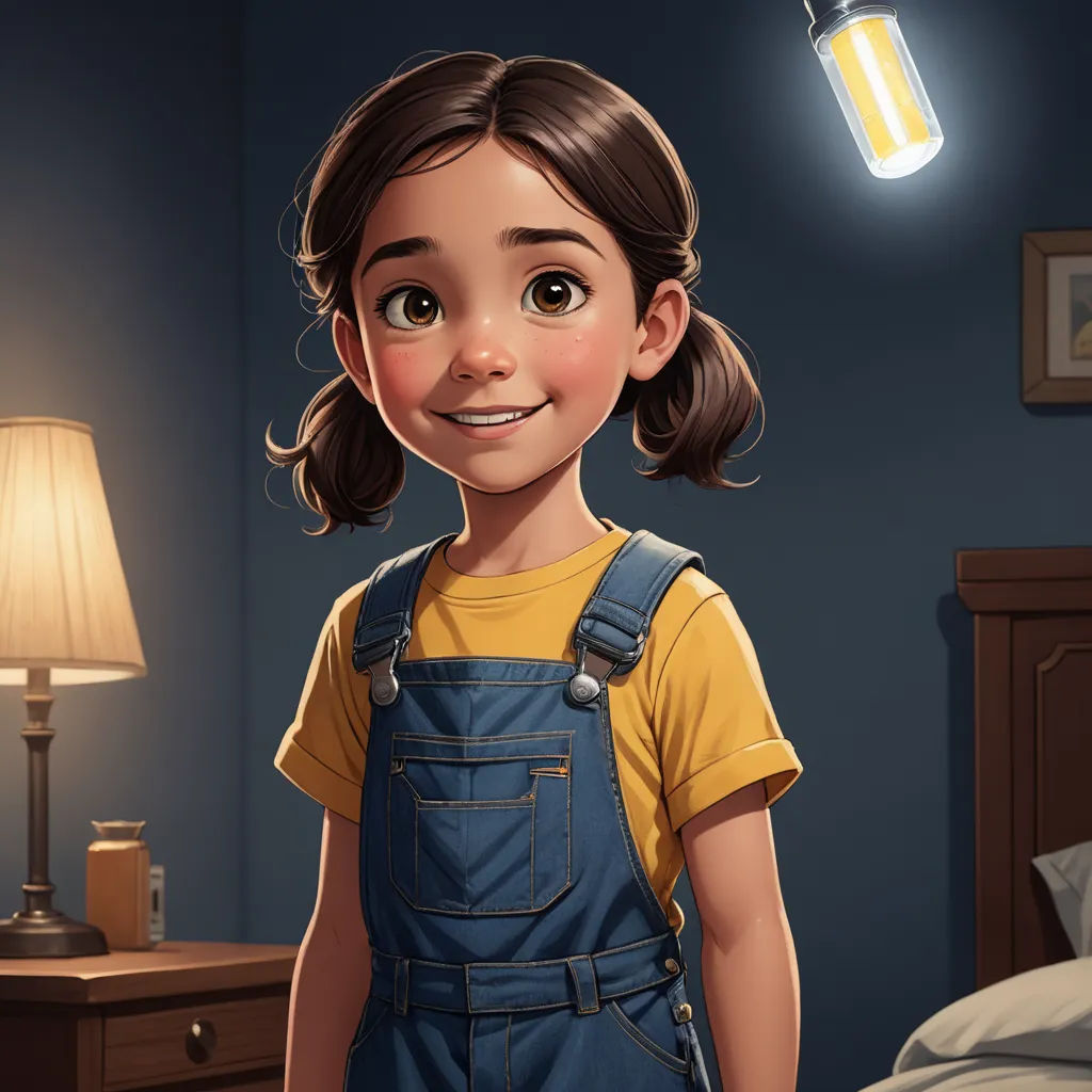 a cartoon girl with a light bulb above her head and a lamp above her head, in a bedroom, photorealism, a character portrait, Alejandro Burdisio, cgstudio