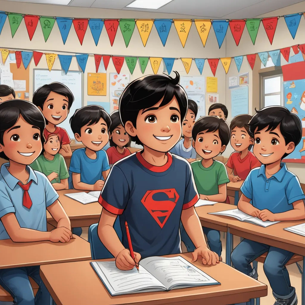a boy in a classroom with a book and pencil in his hand and a group of children behind him, vancouver school, a storybook illustration, Fernando Amorsolo, storybook illustration