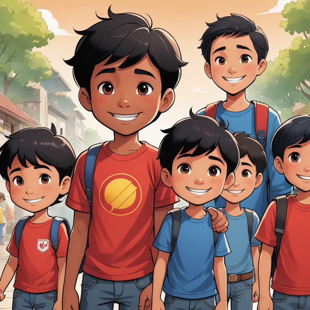 a group of young boys standing next to each other in front of a tree and building with a yellow ball on it, lyco art, a storybook illustration, Adam Manyoki, comic cover art