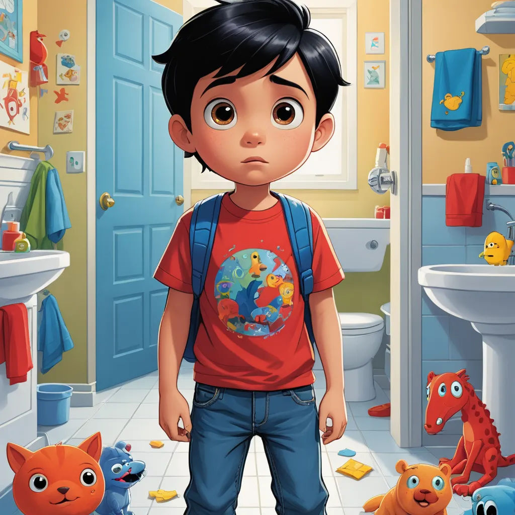 a boy standing in a bathroom with a bunch of toys around him and a cat on the floor next to him, photorealism, poster art, Alejandro Burdisio, pixar style
