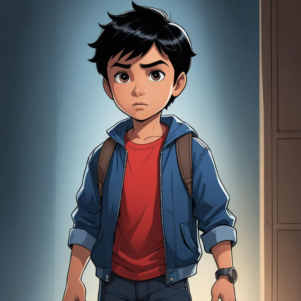 a boy with a backpack is standing in a doorway with a suitcase in his hand and a clock in his hand, sots art, concept art, Eddie Mendoza, comic cover art