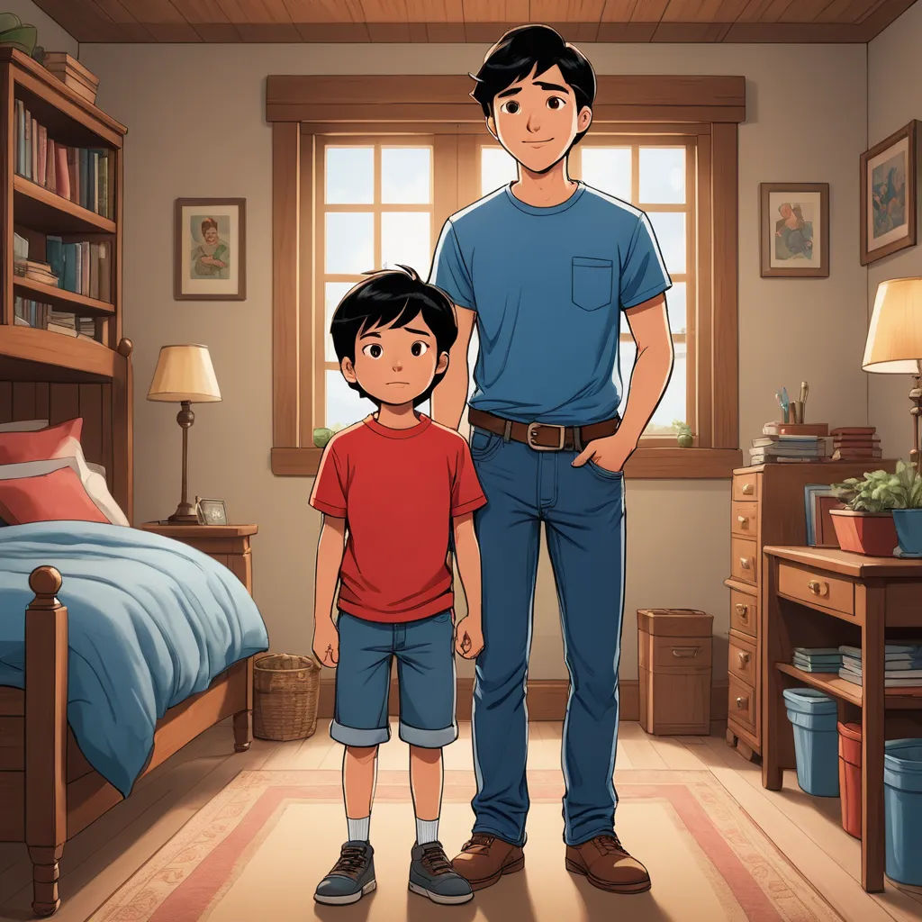 a man and a boy standing in a room with a bed and a window in the background and a lamp on the floor, cloisonnism, a storybook illustration, Don Bluth, official art