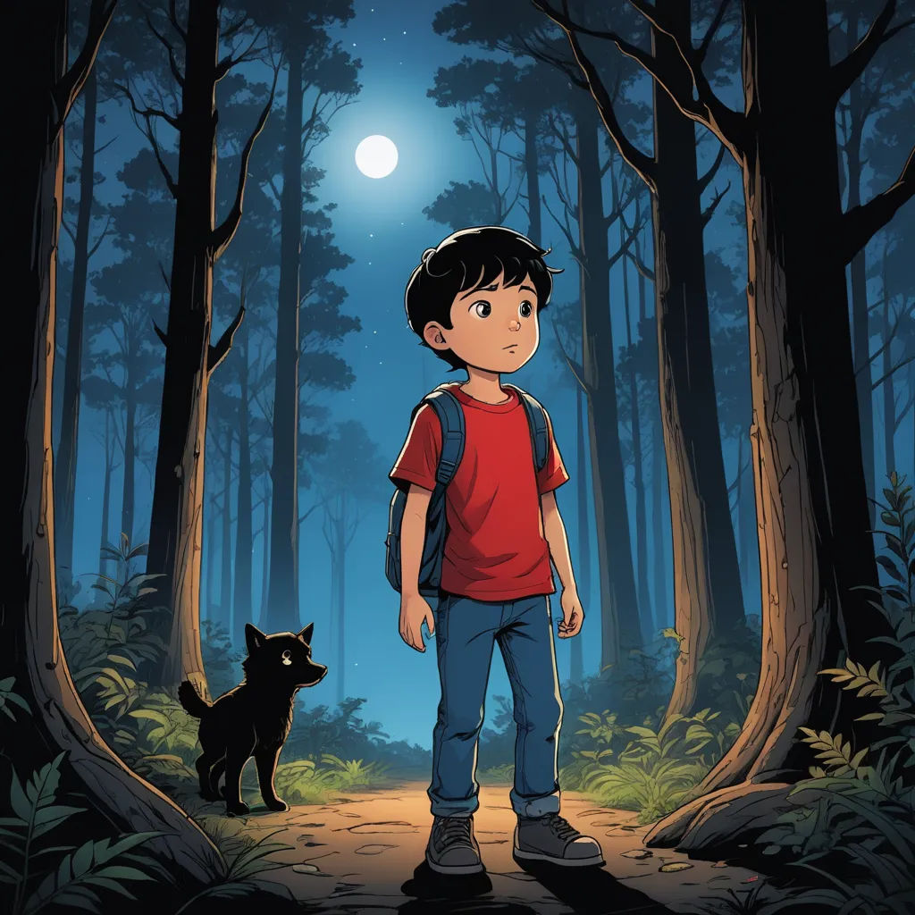 a boy standing in the woods with a dog looking at him at night time with a full moon in the background, sots art, poster art, Asaf Hanuka, comic cover art