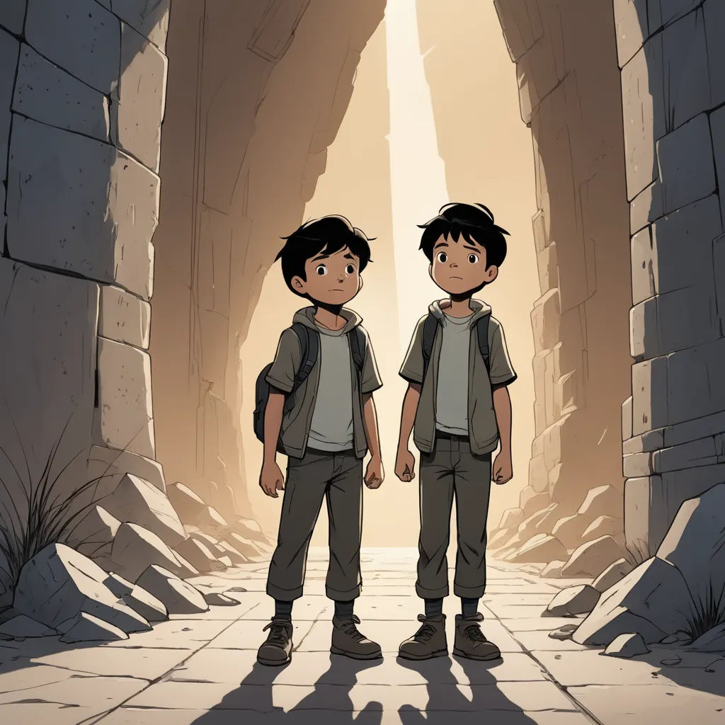 two boys standing in a tunnel with a light shining through them and a shadow cast on the ground behind them, serial art, egyptian art, Asaf Hanuka, rossdraws global illumination