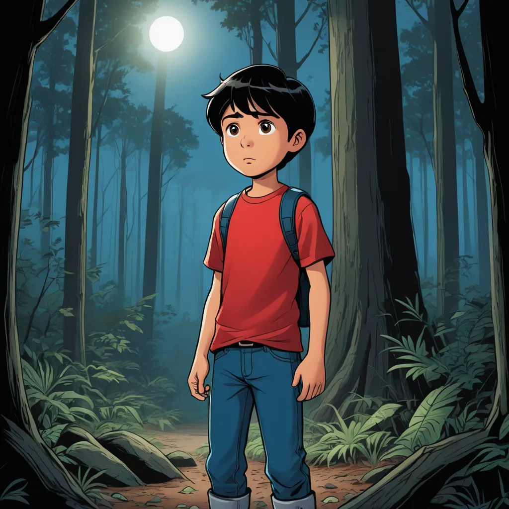a boy standing in the middle of a forest at night with a light on his head and a backpack on his shoulder, serial art, a character portrait, Diego Gisbert Llorens, graphic novel